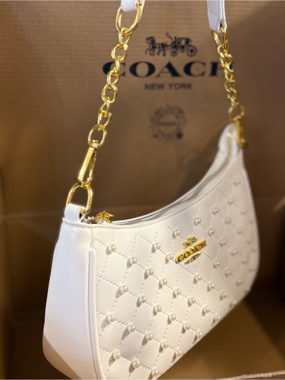 Coach White Quilted Pearl-Embellished Shoulder Bag with Gold Chain - Picture 6 of 6